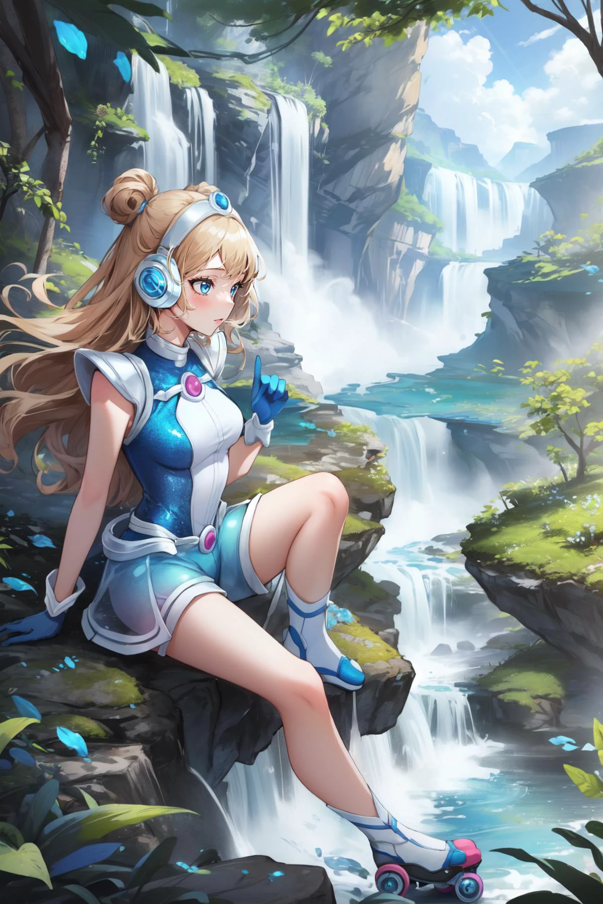 (masterpiece, best quality),  intricate details,
1girl,    sgLux, headphones, blue leotard, blue gloves, see-through skirt, blue shorts, roller skates 
waterfall, jungle, bathing, river, cliffs,