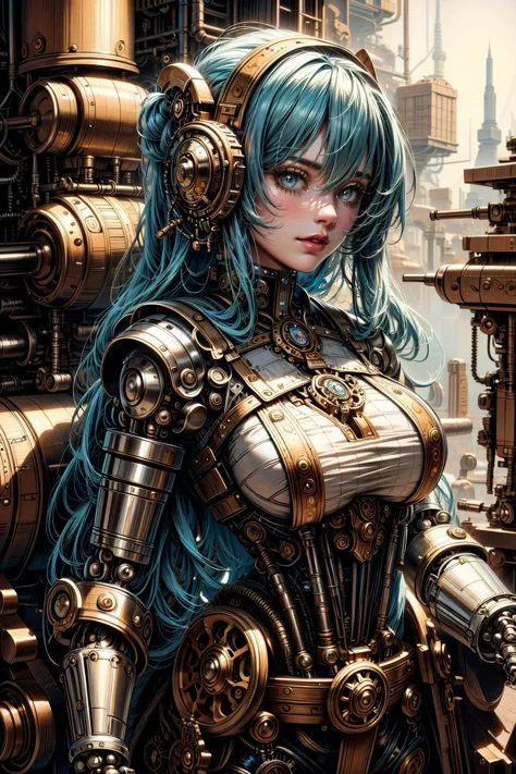 a woman with blue hair and a steam suit standing in front of a machine