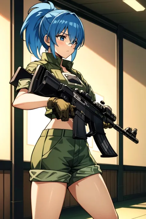 <lora:OGT_Leona_Heidern-v1:0.8> Leona Heidern, 1girl, solo, weapon, gun, leona heidern, blue hair, shorts, gloves, blue eyes, po...