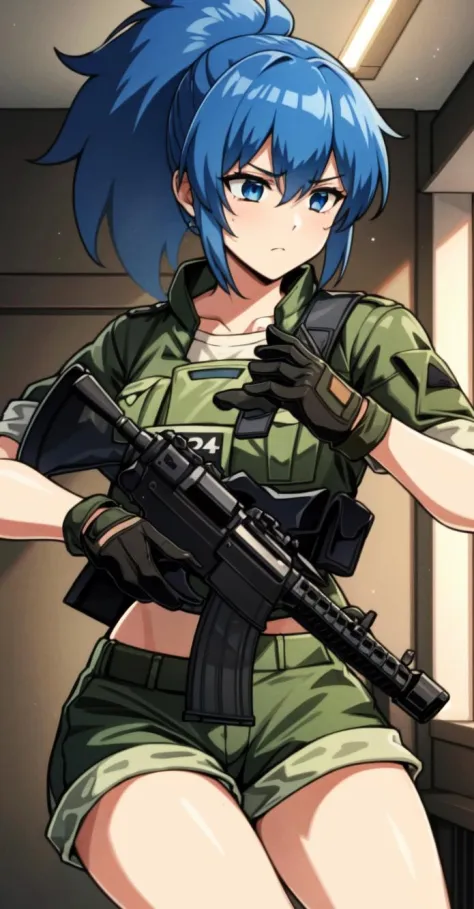 <lora:OGT_Leona_Heidern-v1:0.8> Leona Heidern, 1girl, solo, blue hair, shorts, gloves, blue eyes, ponytail, green shorts, midriff, crop top, boots, multicolored hair, <lyco:BetterGuns-V1:0.8> weapon, rifle, gun, m4 carbine, holding, assault rifle, holding weapon, holding a assault rifle, military, black gloves, indoors, dojo, serious, mature woman, (masterpiece, Best Quality, Extremely Detailed, Ultra Quality, 4k)