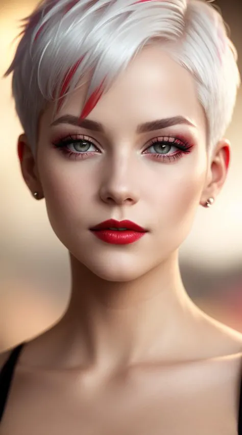 a woman with white hair and red lipstick posing for a picture