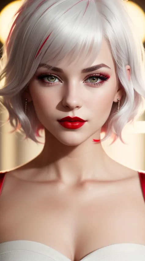 a close up of a woman with a white hair and red lipstick