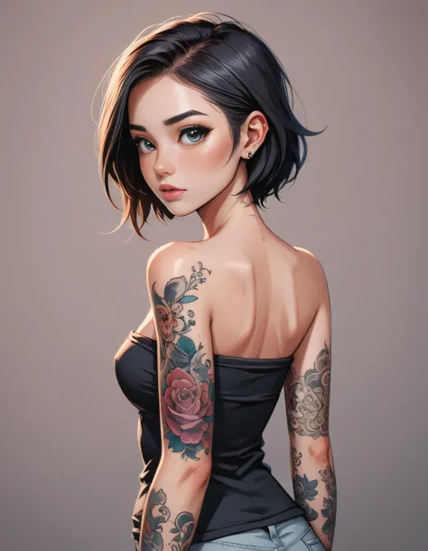 digital art, beautiful girl with a plain strapless top and a sleeve tattoo, cartoon style