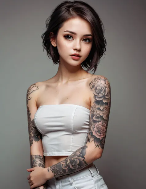 digital art, beautiful girl with a plain strapless top and a sleeve tattoo, doll style