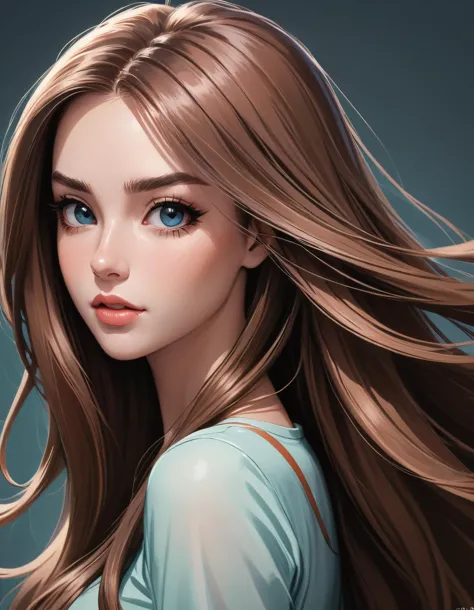 digital art, photoshoot, portrait, closeup, pretty girl, long straight hair, big hair, cartoon style