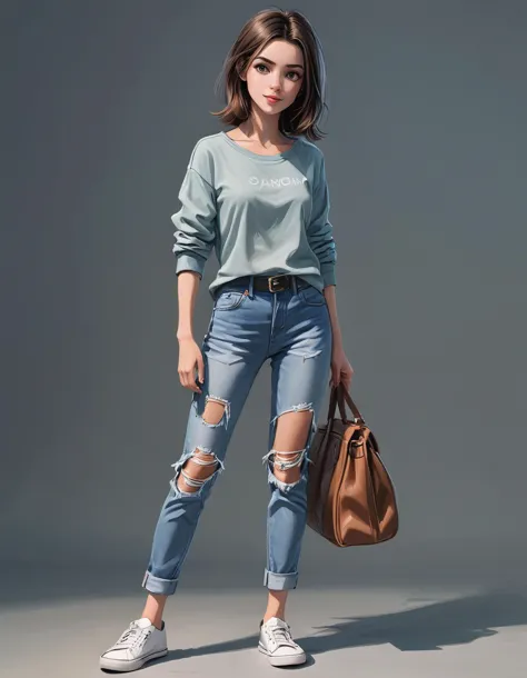 a woman in ripped jeans and a blue shirt is holding a brown bag