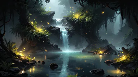 digital art, a secret lake hidden in the jungle, rocks, waterfall, crystal clear water, dark horror vibes, fireflies, dense fog, cartoon style