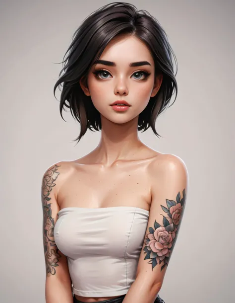 digital art, beautiful girl with a plain strapless top and a sleeve tattoo, cartoon style