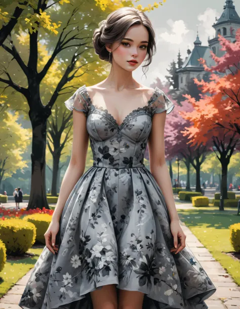 a painting of a woman in a dress standing in a park