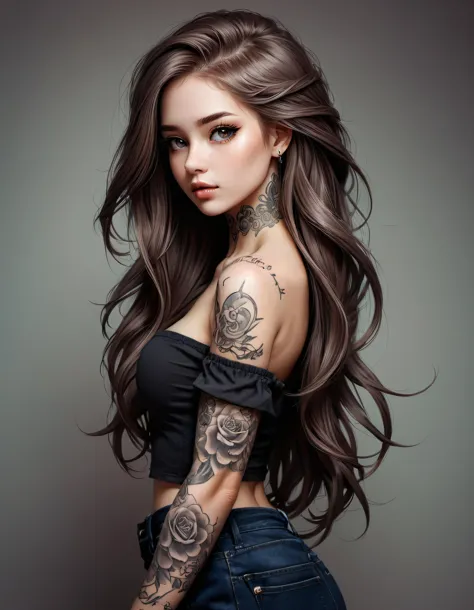 a woman with long hair and tattoos on her arm