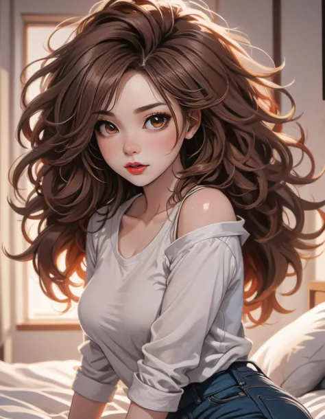 painted portrait of busty girl with brown hair, pale skin, perfect skin, red lips, lot of makeup, big hair, (anime style messy hair), intricate, elegant, highly detailed, art by jaynl, surreal painting, brush strokes, (wearing tight white top and jeans), (detailed background bedroom), sultry, sunset, backlight, tight ass, anime style cartoon