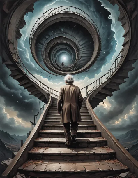 a man walking up a flight of stairs towards a spiral staircase