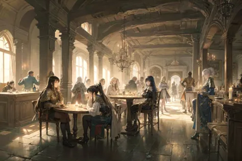 a group of people sitting around a table in a room