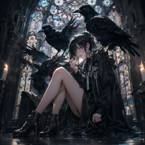 masterpiece,best quality,ultra-detailed,hallyu in the dark, in the style of synthetism-inspired, hallyu, raw and edgy, made of mist, oshare kei, 1girl,solo,crow,<lora:mdya:0.7>,full body,,report leg,dark style,black theme,black hair,black clothes,sitting, girl peeking out of the stained glass,Bright multicolored sparkling stained glass,ponytail, blue eyes,ruins, church, huge church,sunbeam,candle light, natural gradation,cathedral stained glass, backlit,(lips,realistice),  <lora:tareme_gen2:-0.7>, <lora:0a0a-gka26:-0.5>,(stink eye:0.5), <lora:lfaceage:-0.5>