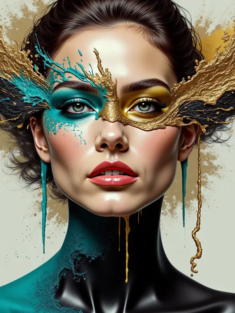 a modern abstract portrait of a woman, her face fragmented into geometric shapes and vibrant colors. her expression is calm, alm...