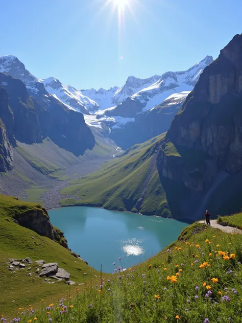 Snow-capped mountains under a clear blue sky, with the sunlight casting dramatic shadows across the rugged cliffs. In the foreground, a pristine alpine lake mirrors the peaks. Wildflowers in shades of purple and yellow dot the lush green valley. A lone hiker stands at the edge, taking in the breathtaking view.