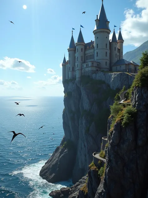 A grand, medieval-style castle perched on the edge of a steep cliff, overlooking a vast, glittering ocean below. The castleâs spires rise into the sky, adorned with banners fluttering in the wind. Seagulls circle around the battlements, and a narrow, winding path leads down the cliff to a hidden cove