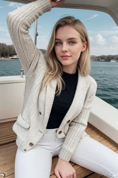 instagram photo high quality, close up of short height scandinavian sexy cute blonde 20yo girl, hazel grey eyes, laying back body facing up, white blazer white pants black sweater, in yacht with lake background, bigger head and short torso, <lora:GodPussy1...