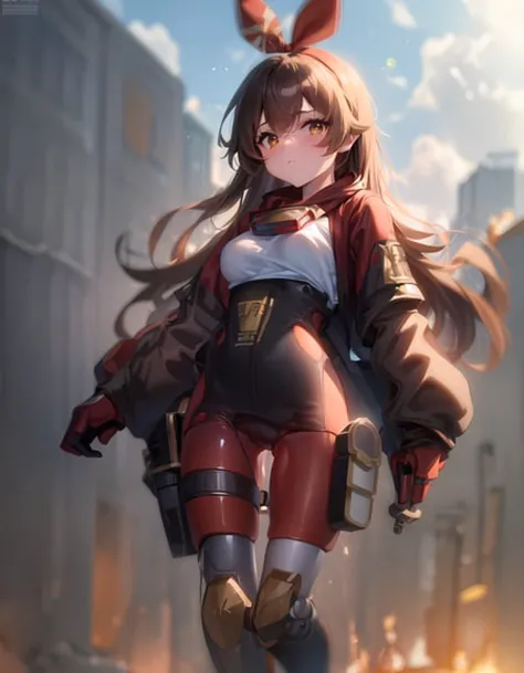 masterpiece, best quality, 8k wallpaper, 1 girl, (full body),skinny, brown hair, brown eyes, red hair ribbon, amber\(genshin impact\),small breasts, (robot body:1.25),looking at viewer, backlighting, soft light, post-apocalypse,<lora:amberGenshinImpact_flexibleV1:1>