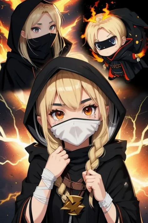 (blonde, mage girl, warrior, black clothes, hooded cloak, face covered with a bandage, only eyes visible, fiery background, crac...