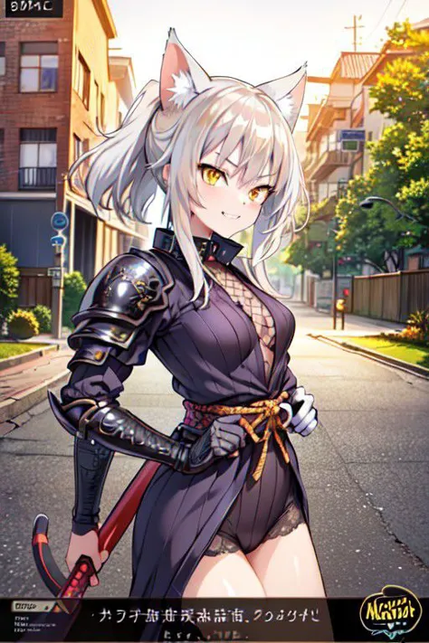 a woman in a black outfit with a sword and a cat ears