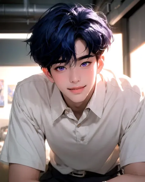 masterpiece, best quality, highly detailed background, perfect lighting, ((masterpiece)), depth of field, cinematic lighting, 1boy, Yejun, male focus, shirt, collared shirt, short hair, looking at viewer, hair between eyes, blue hair, purple eyes, pants, smile, <lora:more_details:0.1>,  <lora:Yejun:1>