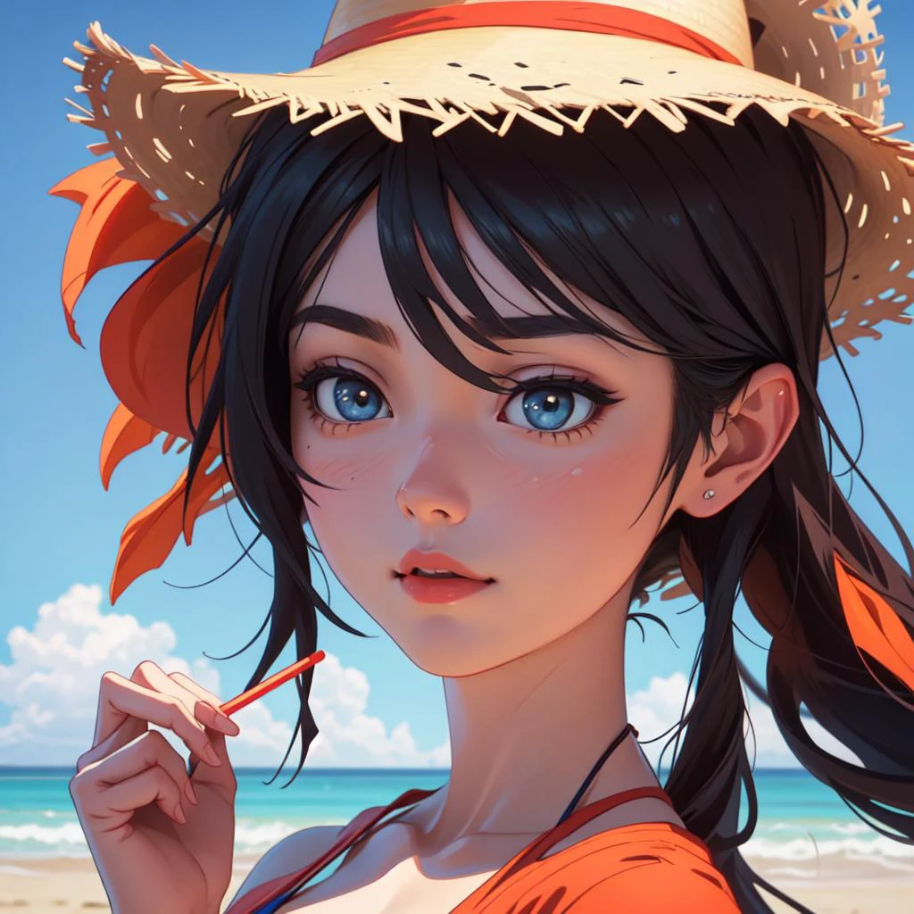 une femme en bikini et un chapeau de paille sur la plage, tendance sur l&#39;art de la cgsociety, photoréaliste human goku, corail coloré, portrait d&#39;une idole coréenne féminine, photoréaliste!!!!, inspiré par Susy Pilgrim Waters, tendance sur artstaion, hypperrealistic 3 d sculpture, cocktail coloré, 1 9 9 0 s anime, Mingchen Shen