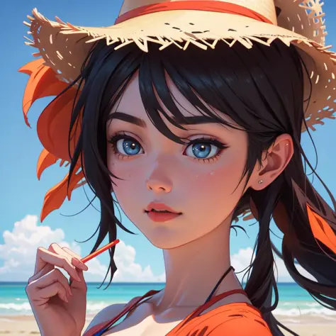 a woman in a bikini and a straw hat on the beach, trending on cgsociety art, photorealistic human goku, colorful coral, portrait...