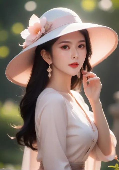 ethereal fantasy concept art of high definition photo,outdoors,silver earrings,blush,gzl,20yo,gzl,applying makeup,19th century style clothing,suit,wide-brimmed hat,play aunt thirteen in the movie huang feihong,basle skirt,light_smile,, magnificent, celestial, ethereal, painterly, epic, majestic, magical, fantasy art, cover art, dreamy