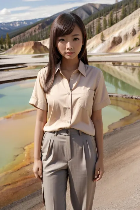 <lora:minitw_obj20:0.5>, asian woman, full_body, standing, sandals, (shirt), pants, (yellowstone), (minitw: 1.3), perfect face, ...