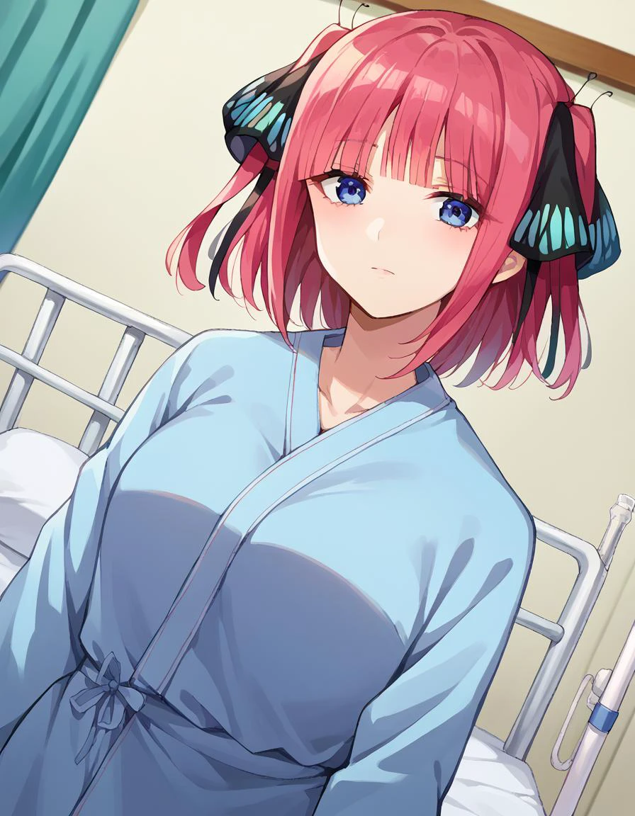 score_9, score_8_up, score_7_up, source_anime,
ninonakano, nino nakano, short hair, bangs, hair ornament, hair ribbon, pink hair, blunt bangs, two side up, butterfly hair ornament, mature female,
hospital gown, bed, hospital bed, standing, intravenous drip,
looking at viewer, cowboy shot, dutch angle,