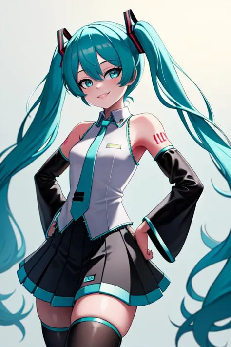 (masterpiece, best quality:1.2), solo, 1girl, hatsune miku, smile, looking at viewer, hand on hip, twintails, sleeveless shirt, necktie, detached sleeves, skirt, thighhighs,
<lora:style_cslucaris-12:1>