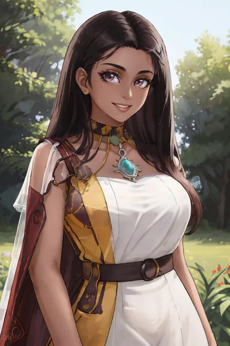 a woman in a white dress and brown cape is standing in a field