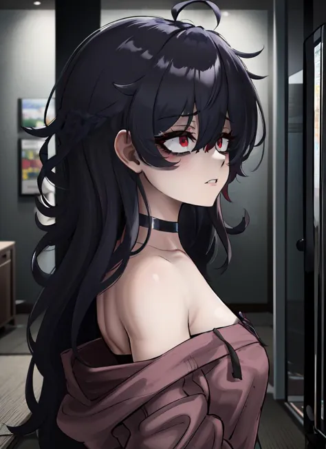 a woman with long black hair and red eyes in a room