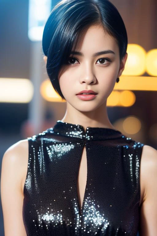 1girl,(wearing a sleeveless glittery evening dress:1.2),(RAW photo, best quality), (realistic, photo-realistic:1.4), masterpiece, an extremely delicate and beautiful, extremely detailed, 2k wallpaper, Amazing, finely detail, extremely detailed CG unity 8k wallpaper, ultra-detailed, highres, soft light, beautiful detailed girl, extremely detailed eyes and face, beautiful detailed nose, beautiful detailed eyes,cinematic lighting,city lights at night,perfect anatomy,slender body 