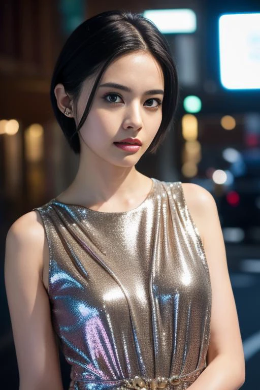 1girl,(wearing a sleeveless glittery evening dress:1.2),(RAW photo, best quality), (realistic, photo-realistic:1.4), masterpiece, an extremely delicate and beautiful, extremely detailed, 2k wallpaper, Amazing, finely detail, extremely detailed CG unity 8k wallpaper, ultra-detailed, highres, soft light, beautiful detailed girl, extremely detailed eyes and face, beautiful detailed nose, beautiful detailed eyes,cinematic lighting,city lights at night,perfect anatomy,slender body 