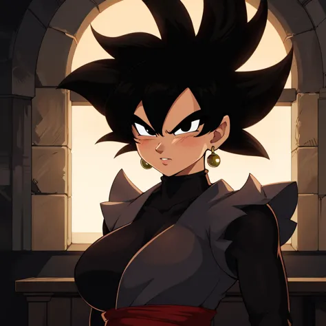 Best_QualityPos, RAW photo, intricate details, best quality, 8k uhd, soft lighting, 1girl, solo, black eyes, black hair, spiked hair, single earring, dougi <lora:Goku_Black:0.7>