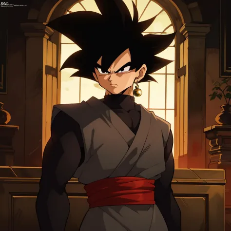 Best_QualityPos, RAW photo, intricate details, best quality, 8k uhd, soft lighting, 1boy, solo, black eyes, black hair, spiked hair, single earring, dougi <lora:Goku_Black:0.8>