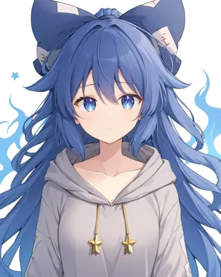 anime girl with blue hair and cat ears wearing a hoodie