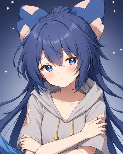 anime girl with blue hair and cat ears posing for a picture