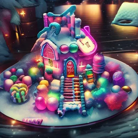 snowy house, candy, neon,  <lora:Chr457m45m3rg3D0nMN3M1C:0.8> Chr457m45m3rg3D0nMN3M1C neon <lora:detail_slider_v4:2>