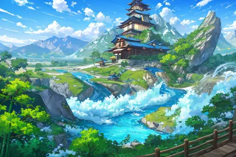 ConceptArt, no humans, scenery, day, tree, cloud, outdoors, nature, blue sky, mountain stream, bamboo forest