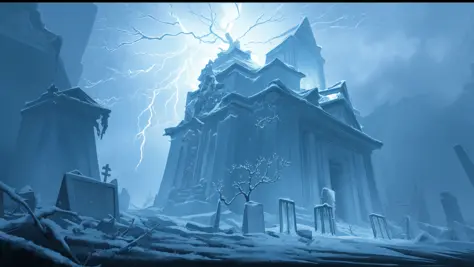 a cemetery at night, snow, snowing, (ice), icicles, frozen, chilling, chilled, ominous, horror, creepy, (lightning strike), (lightning), storm, cloudy sky, mist, fog, full moon, glowing, ominous aura Halo, scenery,, masterpiece, best quality, intricate det...