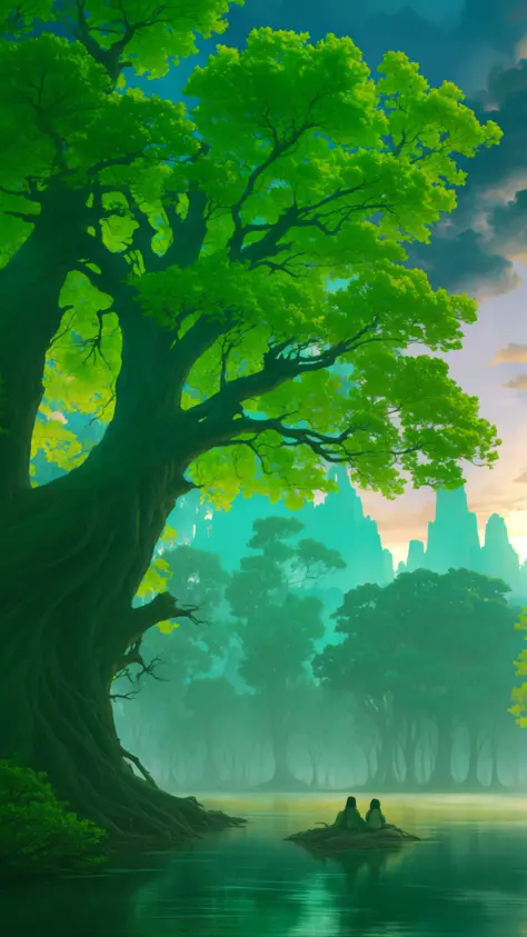 scenery, conceptart, a giant tree next to a river of green water, sunset, masterpiece, best quality, intricate detail, absurdres, chromatic aberration, depth of field, professional photography, soft lighting, tone mapped, highly detailed, sharp focus, dram...