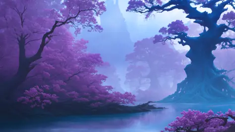 scenery, conceptart, a giant tree next to a river of purple water, blue sky, masterpiece, best quality, intricate detail, absurdres, chromatic aberration, depth of field, professional photography, soft lighting, tone mapped, highly detailed, sharp focus, d...