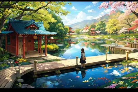 1girl, looking at the viewer, water, pond, lake, shrine, koi