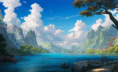 ConceptArt, no humans, scenery, water, sky, day, tree, cloud, waterfall, outdoors, building, nature, river, blue sky