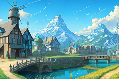 blue cloud, grass, fantasy, building, lamp, sky, bird, bridge, mountain, sky, tree, town, scenery, water, outdoors, medieval, pa...