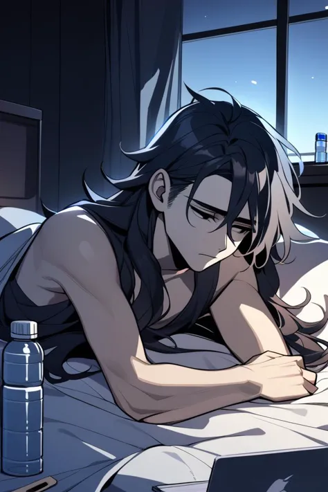 1boy, pale, grey eyes, black hair, big hair, long hair, unkempt, depressed, drunk, doomer, laptop, blanket, lying, bed, pillow, dim lighting, expressionless, water bottles, window, masterpiece, best quality