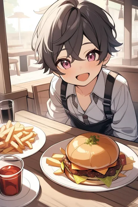 anime boy sitting at a table with a hamburger and fries